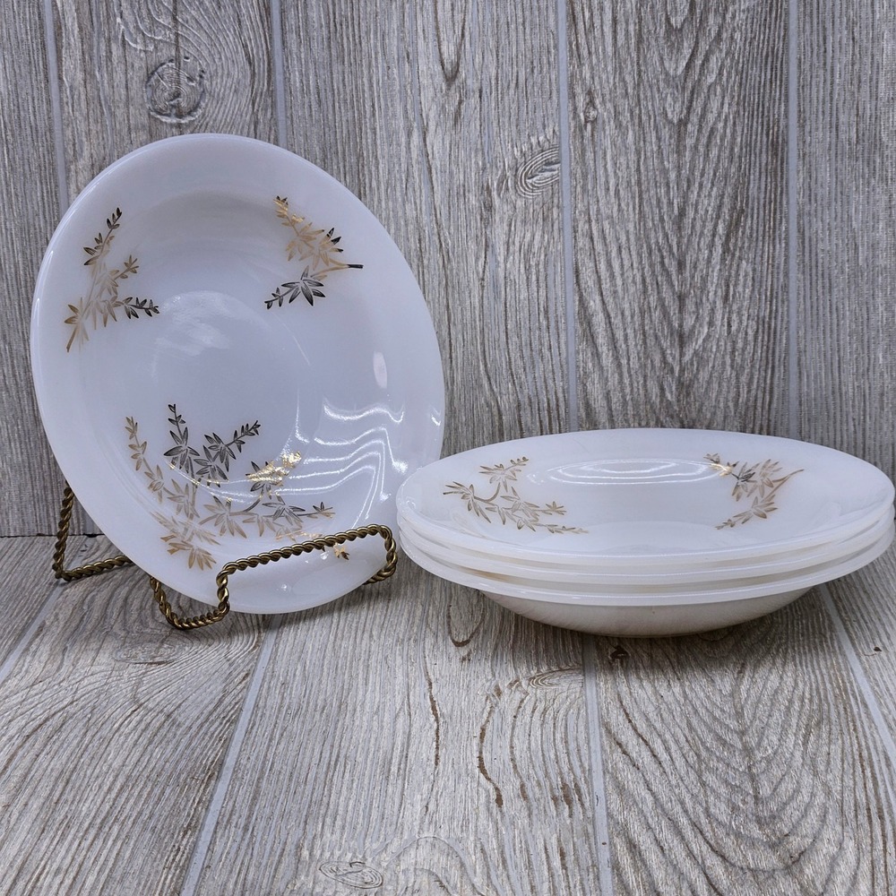 Federal Glass Golden Glory Rim Soup Bowls White Milk Glass Gold Leaf Set of 4